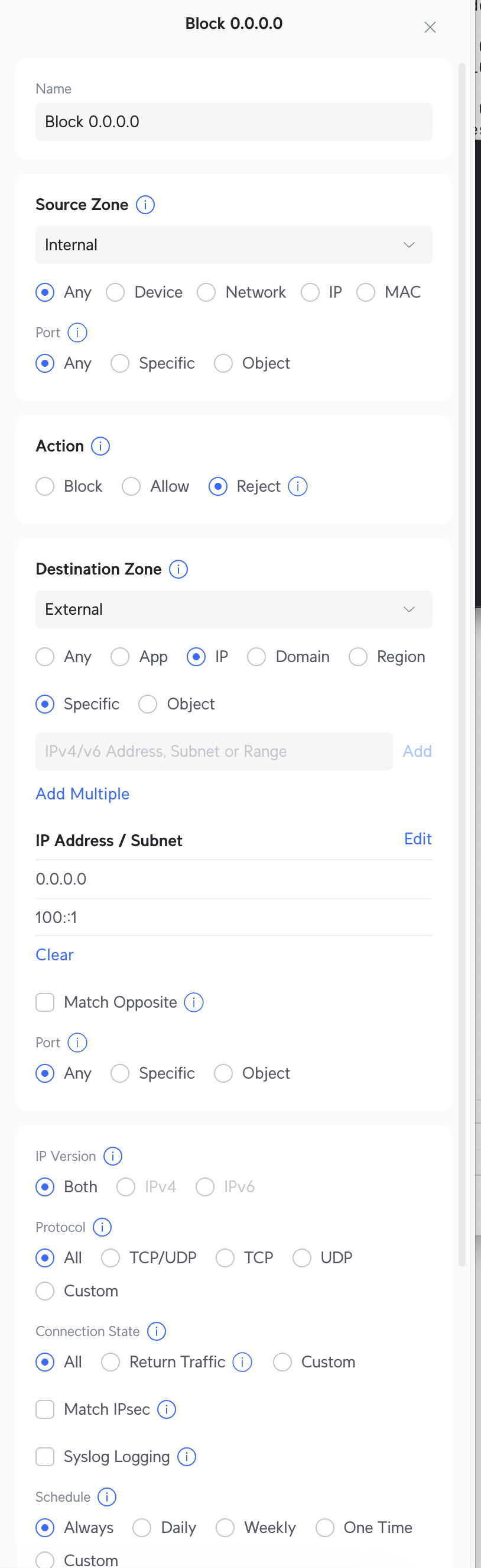 Screenshot of UDM Pro firewall policy configuration
